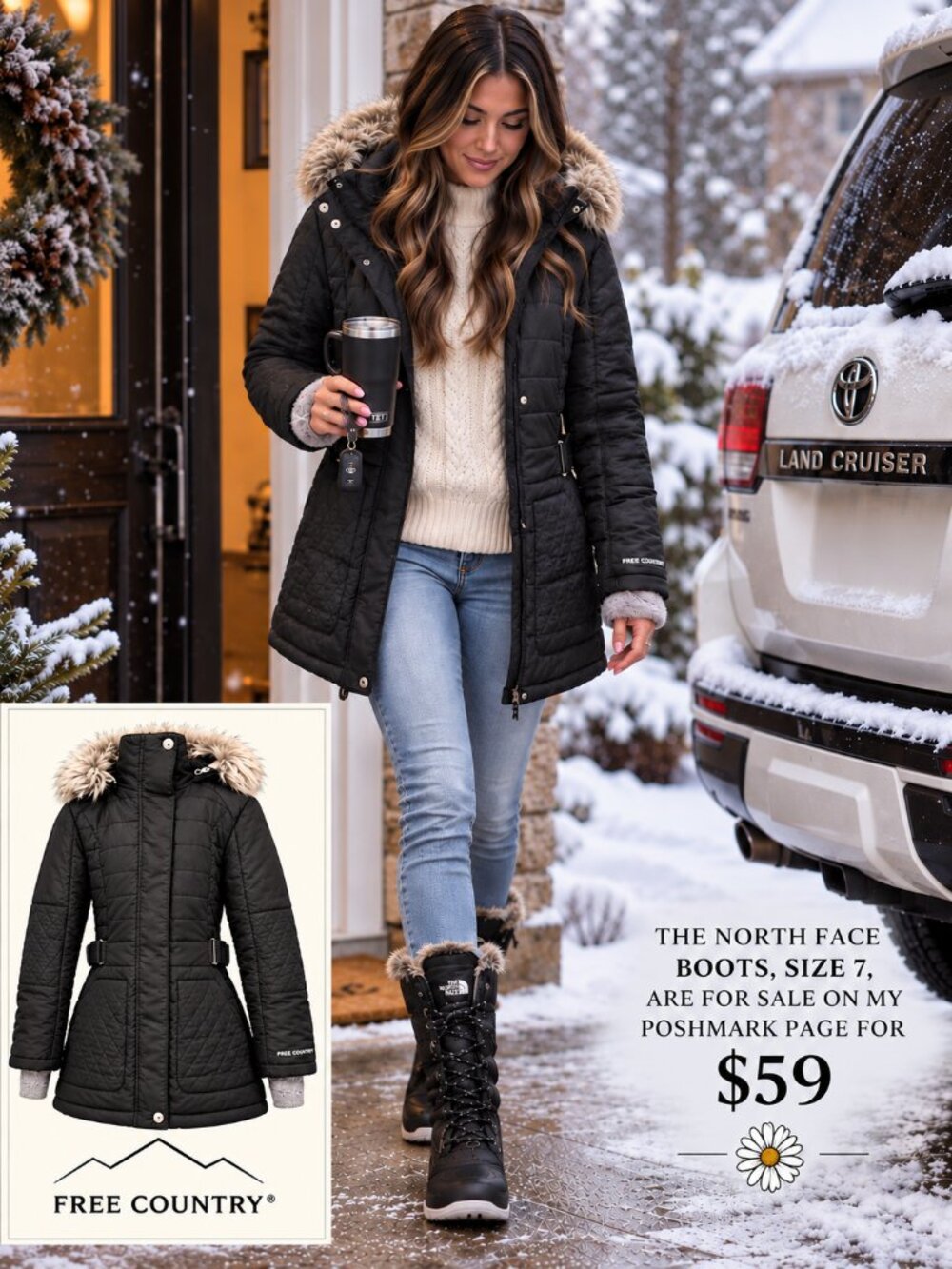 Free Country Womenโs Small Insulated Quilted Parka Faux Fur Hood NWOT